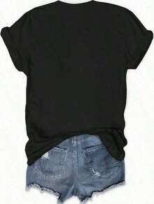 1 pieza de camiseta elegante con estampado inspirado en la fe - Camiseta de manga corta suave y cómoda con estampado de las letras del Salmo 91 - Ropa casual para mujer para expresar fe a diario - 180g Algodón 100% - Negro - Ver 4