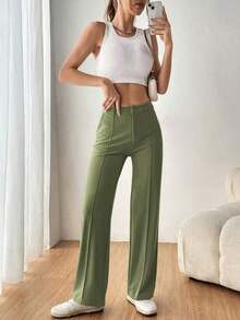 Pantalones de traje de mujer con bolsillos laterales sesgados, líneas de costura visibles para otoño/invierno - Verde militar - Ver 3