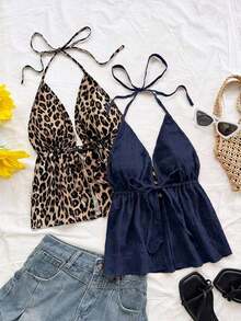 2 piezas Camiseta sin espalda con cuello en V y tirantes con estampado de leopardo, de tela texturizada, sexy y casual para vacaciones, citas, té de la tarde, vacaciones, festivales de música, estilo bohemio - Azul marino - Ver 1