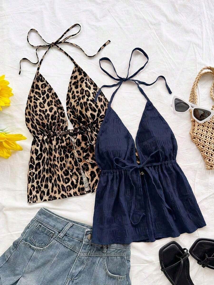 2 piezas Camiseta sin espalda con cuello en V y tirantes con estampado de leopardo, de tela texturizada, sexy y casual para vacaciones, citas, té de la tarde, vacaciones, festivales de música, estilo bohemio - Azul marino - Ver 1
