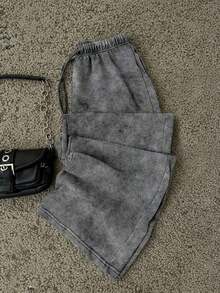 Pantalones de chándal de pierna recta y cintura baja para mujer, apropiados para el verano, con efecto lavado - Gris Claro - Ver 3