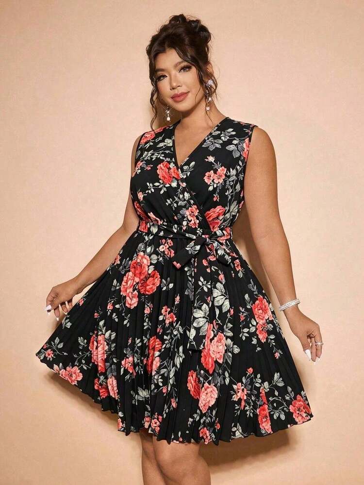 Vestido de verano sin mangas con cuello en V, unicolor, cruzado y plisado, talla grande, color borgoña, para Navidad y Acción de Gracias, conjunto de mujer - Negro 2 - Añade 5
