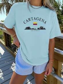 Blusa casual para mujer, camiseta de manga corta con cuello redondo, 100% algodón, lavable a máquina, fácil cuidado, diseño casual con estampado de letras, silueta de la ciudad de Cartagena y insignia de la bandera, nueva colección de verano 2026 para uso diario y viajes, camisas de algodón para mujer. - Albaricoque - Ver 7