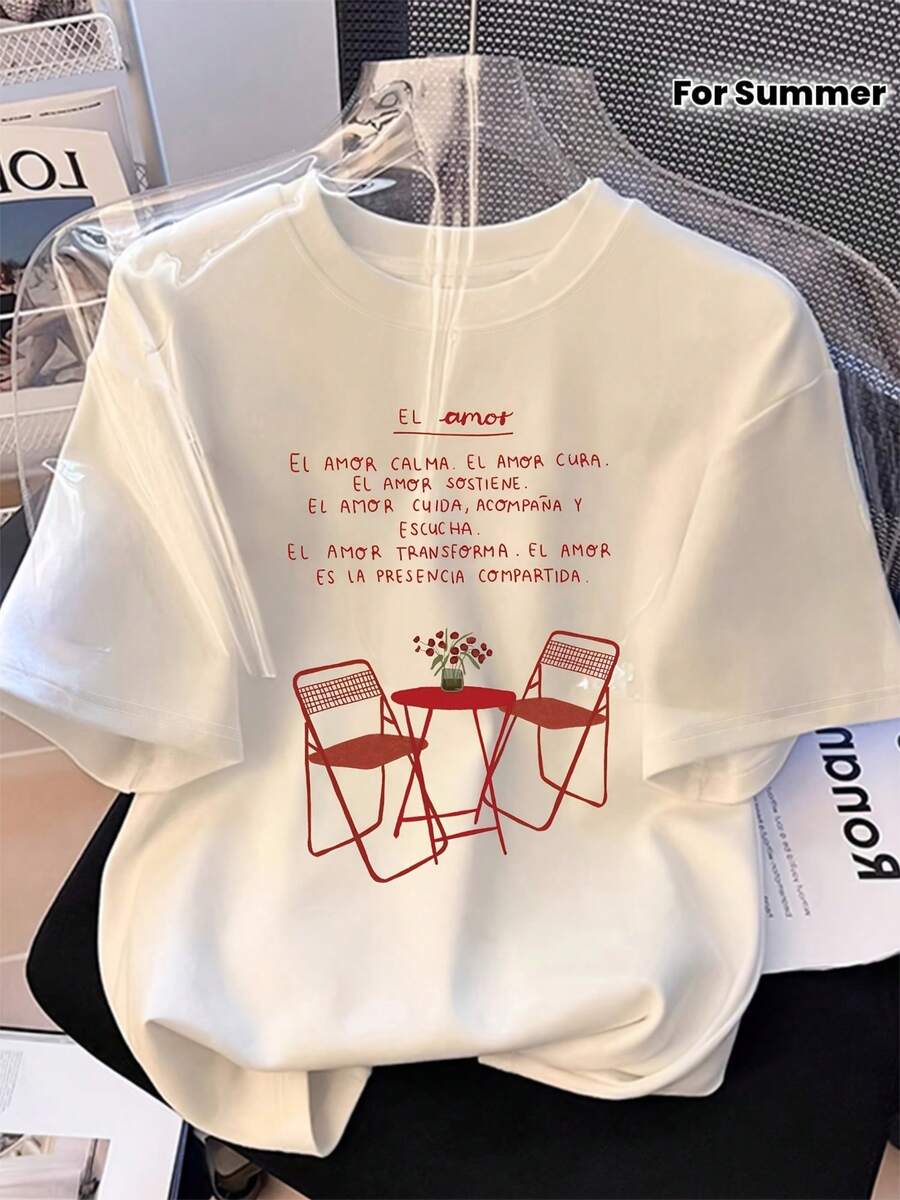 Camiseta casual de verano para mujer, de cuello redondo, con eslogan sobre el amor y estampado de restaurante, simple y casual. - Blanco - Ver 1