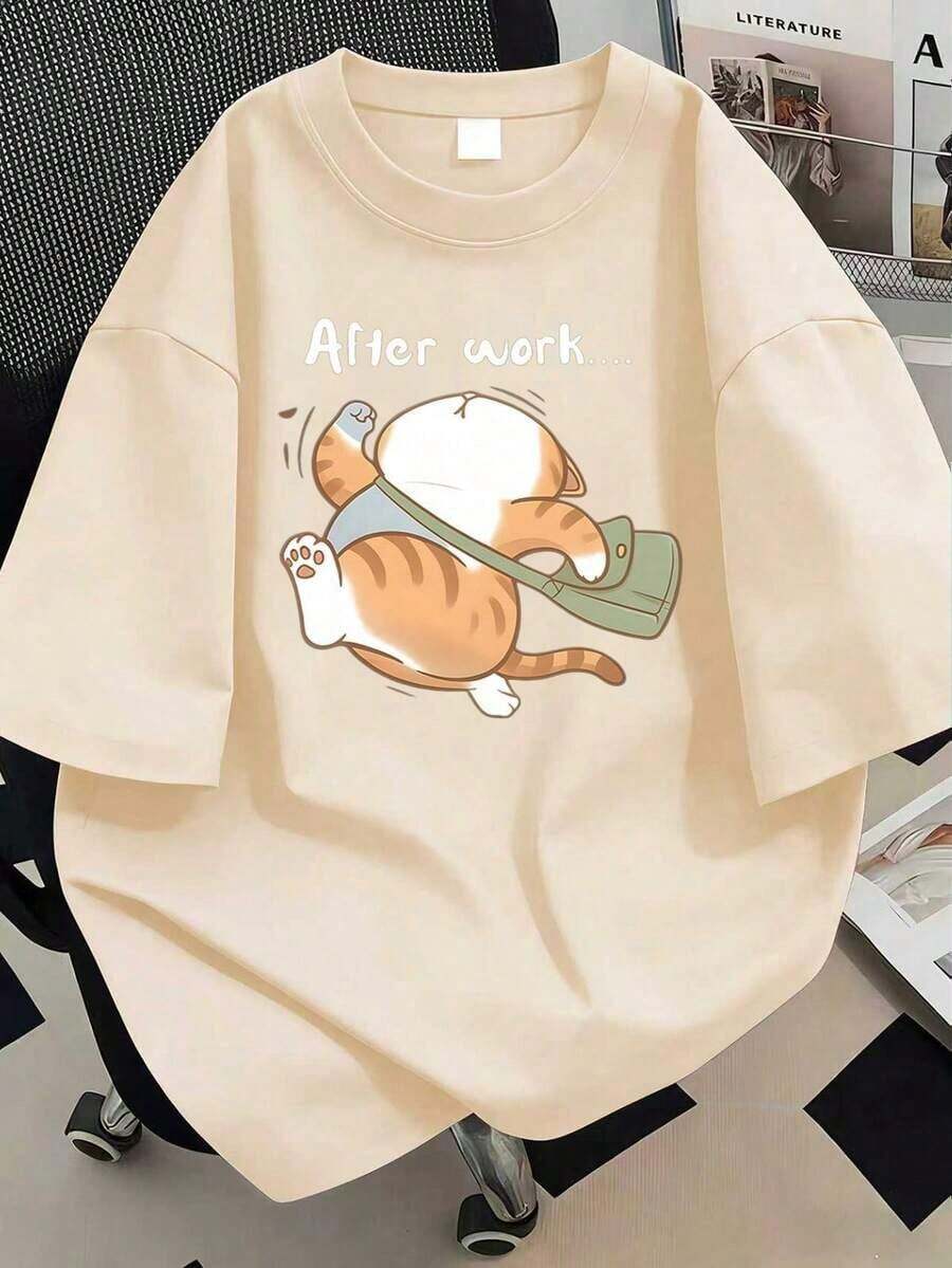 Plus Size Women's Casual Cat Print T-Shirt, Suitable For Everyday Wear, Outings, Vacations, Summer, Beach Parties, Music Festivals, Holidays And Other Events. Color: Black - 杏 - 查看 1