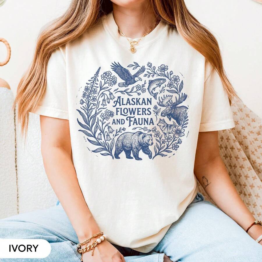 Alaskan Flowers And Fauna Shirt Alaska Wildlife Nature Tee Vintage Botanical Linocut T-Shirt Alaska Lover Gift Alaskan Vacation Tee - 白色 - 查看 1