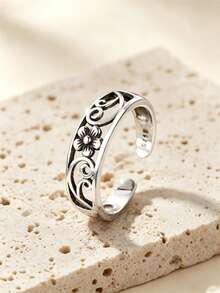 1pc Vintage Sterling Silver Hollow Out Plum Blossom Shaped Adjustable Toe Ring For Women, Summer Dating Gift - Silver - View 8
