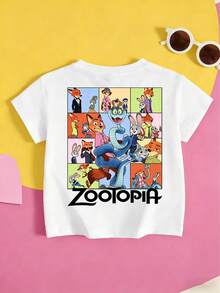 Disney Girls Zootopia Printed T-Shirt, Cute Cartoon Pattern Short-Sleeved Crew Neck T-Shirt, Soft And Breathable Casual Top For Girls, Perfect For Daily Wear And Summer Outings - 白色 - 查看 3