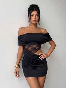 Black Elegant Chic Off Shoulder Lace Insert Cut Out Waist Mini Dress - Ideal For Beach Vacation, Summer Holiday, Night Date, Festival & Casual Outing - Black - View 2