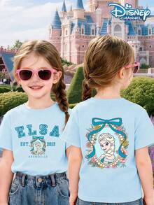 Girls' Summer Light Blue Disney *Frozen* Elsa T-Shirt - Double-Sided Floral Frame Print Top | Arendelle Casual, Everyday, & Sporty Style | 100% Cotton - 淺藍色 - 查看 1