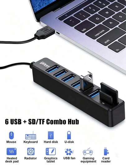 8合1 USB 2.0 集线器，带6个USB端口和SD/TF卡读卡器，便携式多端口适配器，适用于笔记本电脑/PC/台式机，即插即用
