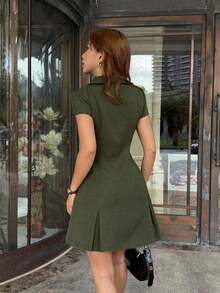 Vestido corto de mujer de diseño nuevo con cuello con cremallera, plisado, manga corta, minimalista, casual, versátil, elegante, para oficina, ajustado, vestido casual de negocios para mujeres para el trabajo, vestido de oficina para mujeres profesionales, vestido casual de negocios para mujeres - Azul marino 3 - Ver 6
