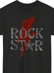 Men's Rock Star Print T-Shirt | Casual Black Short-Sleeved T-Shirt With Eye-Catching Red And White Print, Crew Neck, Lightweight Summer Top For Casual Wear, Everyday T-Shirt, Crew Neck, Regular Fit, Digital Heat Transfer Printing, Slightly Stretchy Fabric. - 白色 - 查看 6