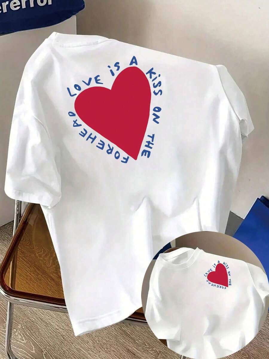 T-Shirt With Front And Back Print, "Love Like A Kiss" Design For Valentine's Day, Round Neck, Short Sleeve, Casual Style For Women, Comfortable Fit, Classic Design, Fashion Item, Double-Sided Print Top For Women - High Quality. - 白色 - 查看 1