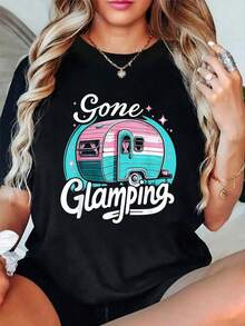 Camia Gone Glamping Glamp Camping Glamper, Camia Casual de Manga Corta con Cuello Redondo, Camias Gráficas de Verano para Mujer, Transpirable y Cómoda - Negro - Ver 1