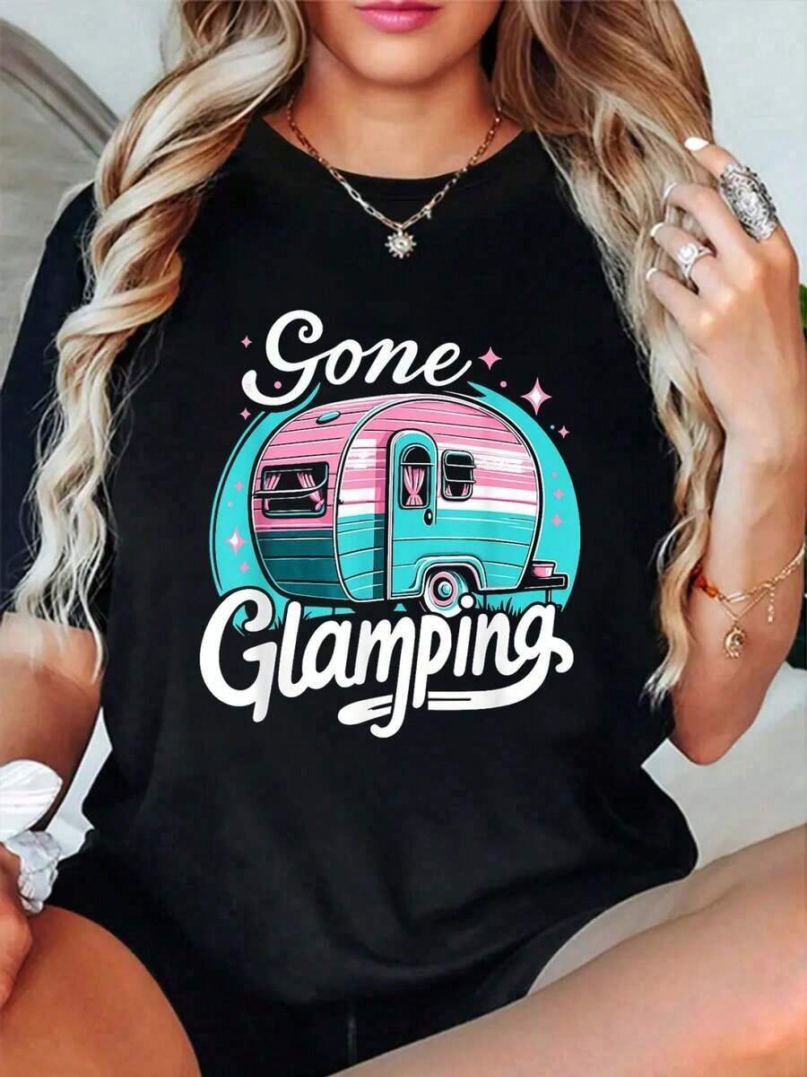 Camia Gone Glamping Glamp Camping Glamper, Camia Casual de Manga Corta con Cuello Redondo, Camias Gráficas de Verano para Mujer, Transpirable y Cómoda - Negro - Ver 1