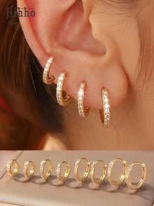 Hihho 8 piezas Pendientes de aro de circonita dorados clásicos, estilo minimalista y lujoso, versátil, adecuado para uso diario, apilamiento completo de la oreja, atuendo de trabajo, ocasiones sociales ligeras, regalos para vacaciones - pendientes - Ver 6
