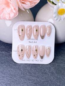 10pcs Handmade Nail Art Stickers, Handmade Nails, Short Nails, Summer Nails, Acrylic Nail Stickers, Nail Stickers, Nail Sticker Set, False Nails, Y2K Style Nails, Nude Nails, Champagne Nails, Gold Nails, Nude Almond-Shaped Gold Star Accent Nails, Gold Wavy Line Design Nails, Gold French Tip Nails, Abstract Gold Outline Nails. Elegant And Minimalist Style, Suitable For Ladies' Daily Commute, Dates, Nights Out And Special Occasions. - Champagne - View 12