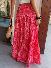 Women's Long Bohemian Print Skirt, Casual For Vacation And Everyday Wear, Spring/Summer - 紫紅色 - 查看 2