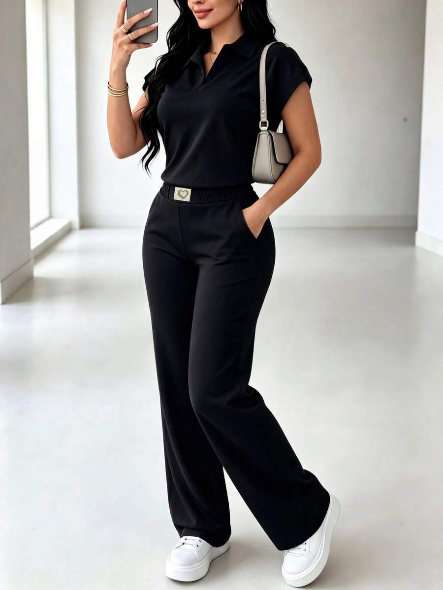 Women's 2-Piece Casual Outfit, Solid Color Short Sleeve Top Paired With Heart Logo Print Pants, Suitable For Spring/Autumn Wear Black - Black - View 1