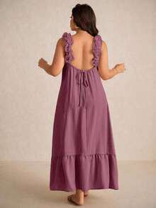 Elaquor Vestido holgado de línea A con adorno de encaje para tallas grandes - Burdeos - Ver 1