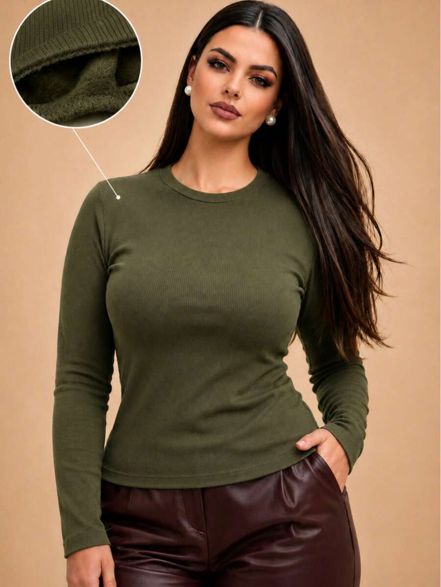 Long-Sleeved, Fleece-Lined, Ribbed Knit, Thermal, Flannel-Lined, Warm, Comfortable, Soft, Office, Festival, Fashion, Autumn And Winter 2026, Valentine's Day. - 軍綠色 - 查看 1