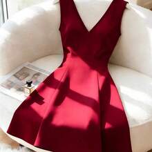 guangzhougaolangshangmao  Nuevo vestido elegante y sexy con escote en V, espalda descubierta y ajustado con lazo en la cintura, color burdeos, estilo europeo de lujo, adecuado para el Día de la Independencia y vacaciones - Verde Oscuro - Ver 7