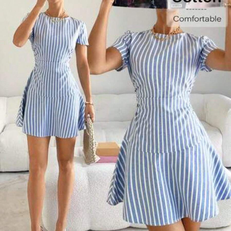 guangzhougaolangshangmao Vestido de fiesta elegante de mujer con cuello redondo a rayas y cintura ceñida - Azul y blanco - Ver 1