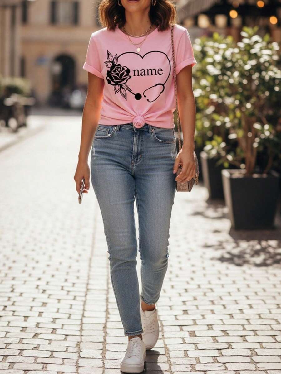 Camiseta con estetoscopio de corazón de rosa con nombre personalizado | Cuello redondo de verano, tejido ligeramente elástico, ideal para mujeres y - Rosa - Ver 1