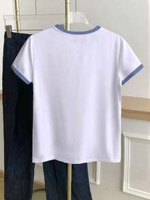 Camiseta de manga corta casual y versátil para mujer con cuello redondo, estampado de corazón y ribete de contraste - Blanco - Ver 2