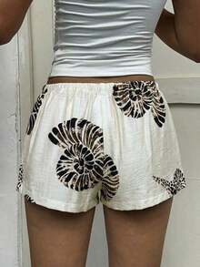 Pantalones cortos de mujer con cintura con cordón, estampado de rayas azules y conchas y estrellas de mar, para primavera/verano y vacaciones - Multicolor 2 - Ver 2