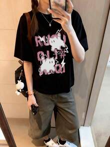 Women's Vintage Japanese Style T-Shirt, Loose Fit, Crew Neck, Letter And Cartoon Cat Print, For Spring And Summer, White - 黑色 - 查看 2