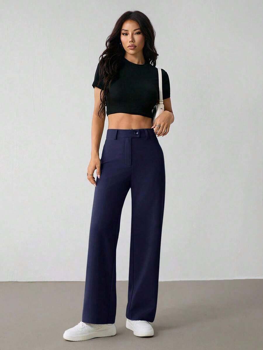 Pantalones rectos de unicolor casual para mujer - Azul marino - Ver 1