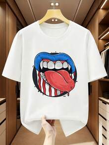 Men's Plus-Size T-Shirt With An American Flag Design, Red Lips, And A Sticking Tongue. A Comfortable And Casual Short-Sleeved T-Shirt For Summer. - 白色 - 查看 6