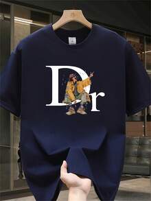 Camiseta de Manga Corta Estampada de Marca de Moda para Hombres en Verano, Algodón Puro Pesado, Estilo Coreano y Japonés, Tops Versátiles para Hombres - Color azul marino - Ver 2