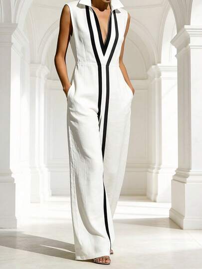 Bộ jumpsuit không tay kẻ sọc tương phản thanh lịch dành cho nữ, thích hợp cho công sở, kỳ nghỉ hè.