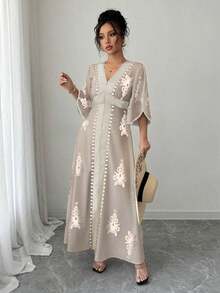 Vestido largo casual de mujer con estampado floral, manga larga y parches de unicolor - Caqui - Ver 3