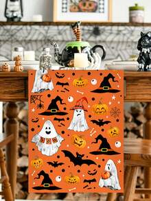 1 Stück 35*180cm Halloween Themen Tischläufer, sürbislaterne, kleiner Geist, Hexenhut, Fledermaus, Spinnennetz Design, Halloween Themen Party, Küche & Heim Dekoration, Innen- & Außenbereich, Feiertags Tischdekoration, Halloween Party Zubehör - Verschiedenfarbig - Übersicht 6