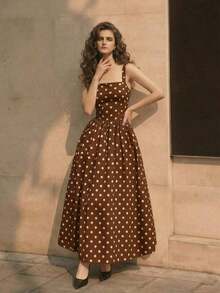 Vestido casual y elegante de mujer con cuello cuadrado sin mangas, a lunares en blanco y negro, silueta ajustada, adecuado para el trabajo o citas, falda larga en línea A, apropiado para verano y primavera, vestido elegante para fiestas, ropa exterior, vestido de vacaciones, vestido a lunares - Marrón - Ver 3