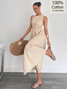 Vestido largo de línea A sin mangas de lino y algodón para mujer, primavera y verano - Blanco - Ver 1