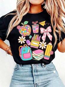 1 pieza de camisa boho para maestros 100% algodón, camisa para el regreso a clases, camiseta para maestros con lazo coqueta, regalo para maestros, primer día de clases, agradecimiento al maestro. JPG. Para Mujeres, Conjuntos de San Valentín para Mujeres, Tops de Mujer, Conjuntos de Vacaciones para Mujeres, Ropa de Mujer, Conjuntos de Verano Vintage para Mujeres, Traje Deportivo para Ella. ¡Un regalo perfecto para el Día de San Valentín para tu ser querido! Camiseta Vintage de Algodón Lavado de Manga Corta con Cuello Redondo, Suave y Casual para Hombres y Mujeres, 180g 100% Algodón - Negro - Ver 1