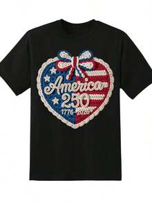 1 pieza Camiseta con diseño de corazón para la celebración del Día de la Independencia de América 250, patriótica 1776 2026, ropa para el Festival del 4 de julio para mujeres y hombres, atuendo casual de verano, 220g180g Algodón 100%. - Negro - Ver 3