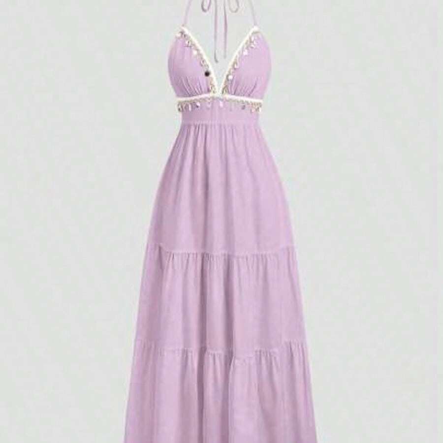 guangzhougaolangshangmao Vestido informal de vacaciones con encaje bordado y espalda descubierta con cordones en línea A - Morado - Ver 1