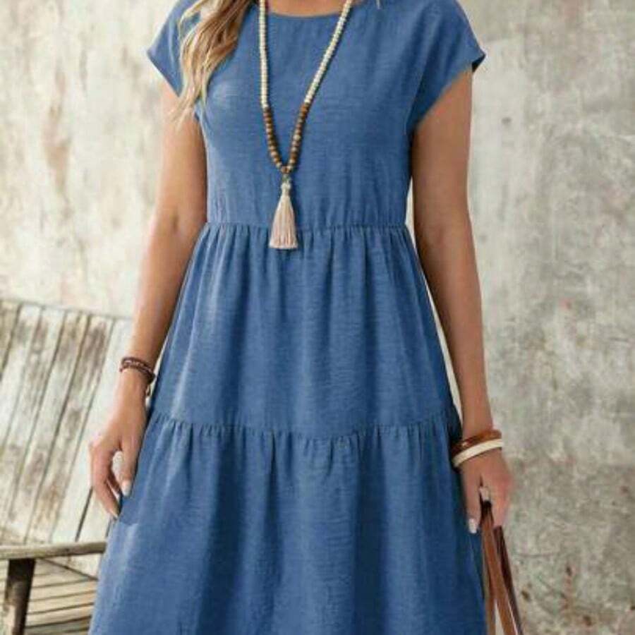 guang zhou mi qian shang mao  Vestido casual de mujer de manga corta, cuello redondo y longitud media, con apariencia de lino verde, para primavera/verano - Azul - Ver 1