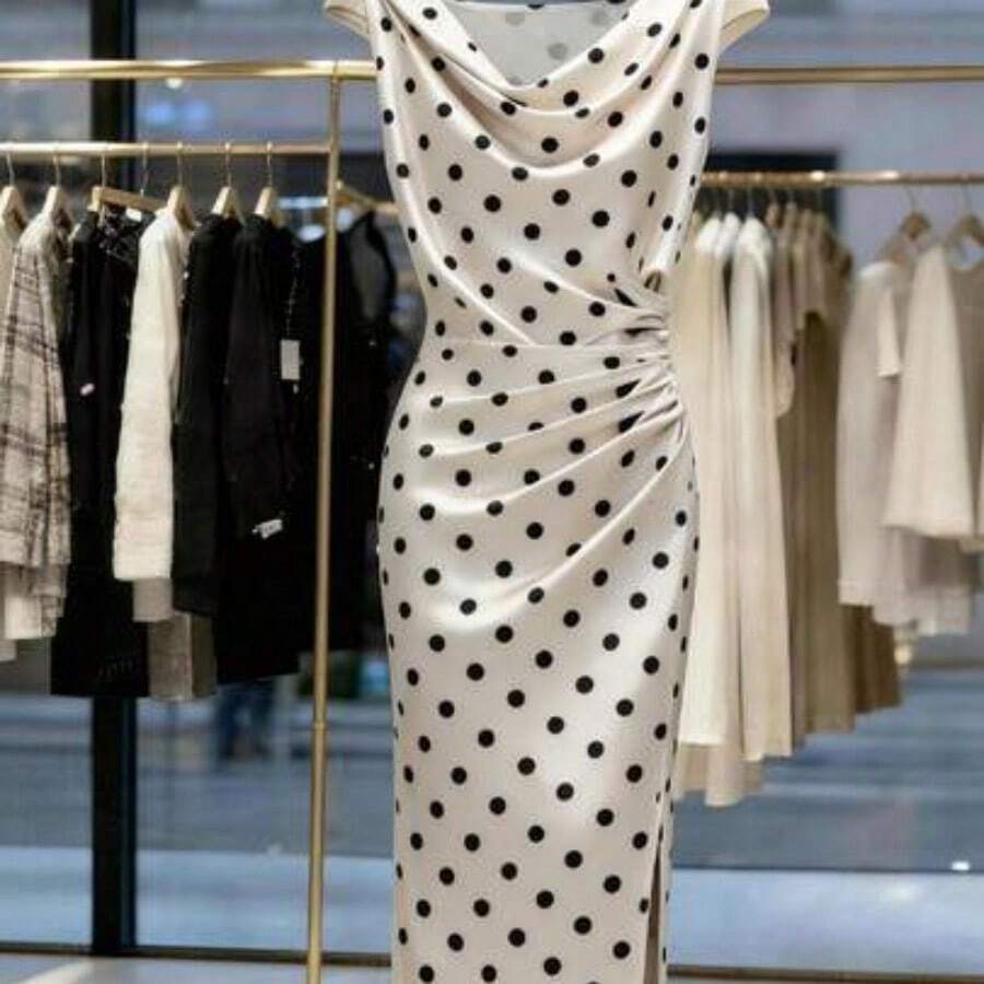 guang zhou mi qian shang mao Vestido plisado de satén con estampado de lunares romántico y elegante para mujer, adecuado para salidas y citas de primavera/verano - Beis - Ver 1