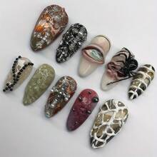 Pieces, Purely Handmade 3D Three-Dimensional Ins Style Almond-Shaped Dark Craft Manicure, Metal Cross Relief + Three-Dimensional Spider Eye Design, Press-Type Fake Nail Set, Gothic Party Eye-Catching Single Item, Suitable For Halloween Universal In 899 Regions - 青碧色 - 查看 2