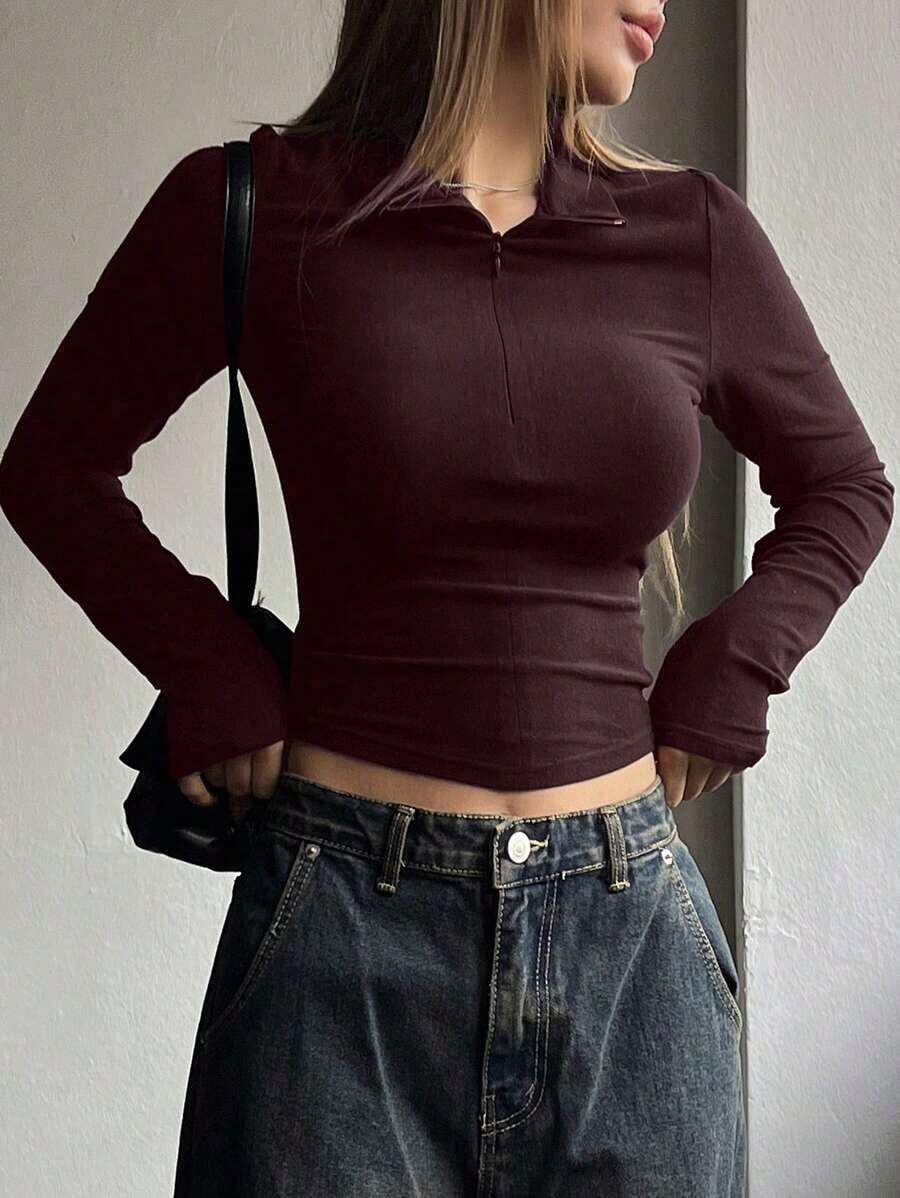 Playera De Manga Larga Para Dama De Color Sólido Con Medio Cierre - Burdeos - Ver 1