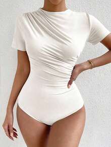 Body de camiseta ajustado unicolor fruncido - Blanco - Ver 9