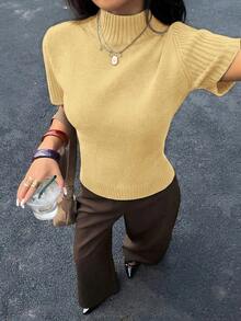 Blusa de punto de cuello alto de unicolor de manga corta para mujer, para todas las estaciones - amarillo ganso - Ver 3
