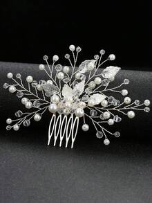 1pc Women's Elegant Handmade Alloy Leaf & Ceramic Flower Faux Pearl Hair Comb, Bridal Wedding Party Accessory - Silver - View 8